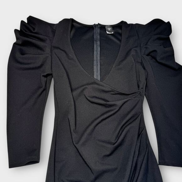 Vintage Gibiu Black Bodycon Faux Wrap Structured Shoulder Dress L - Picture 5 of 11